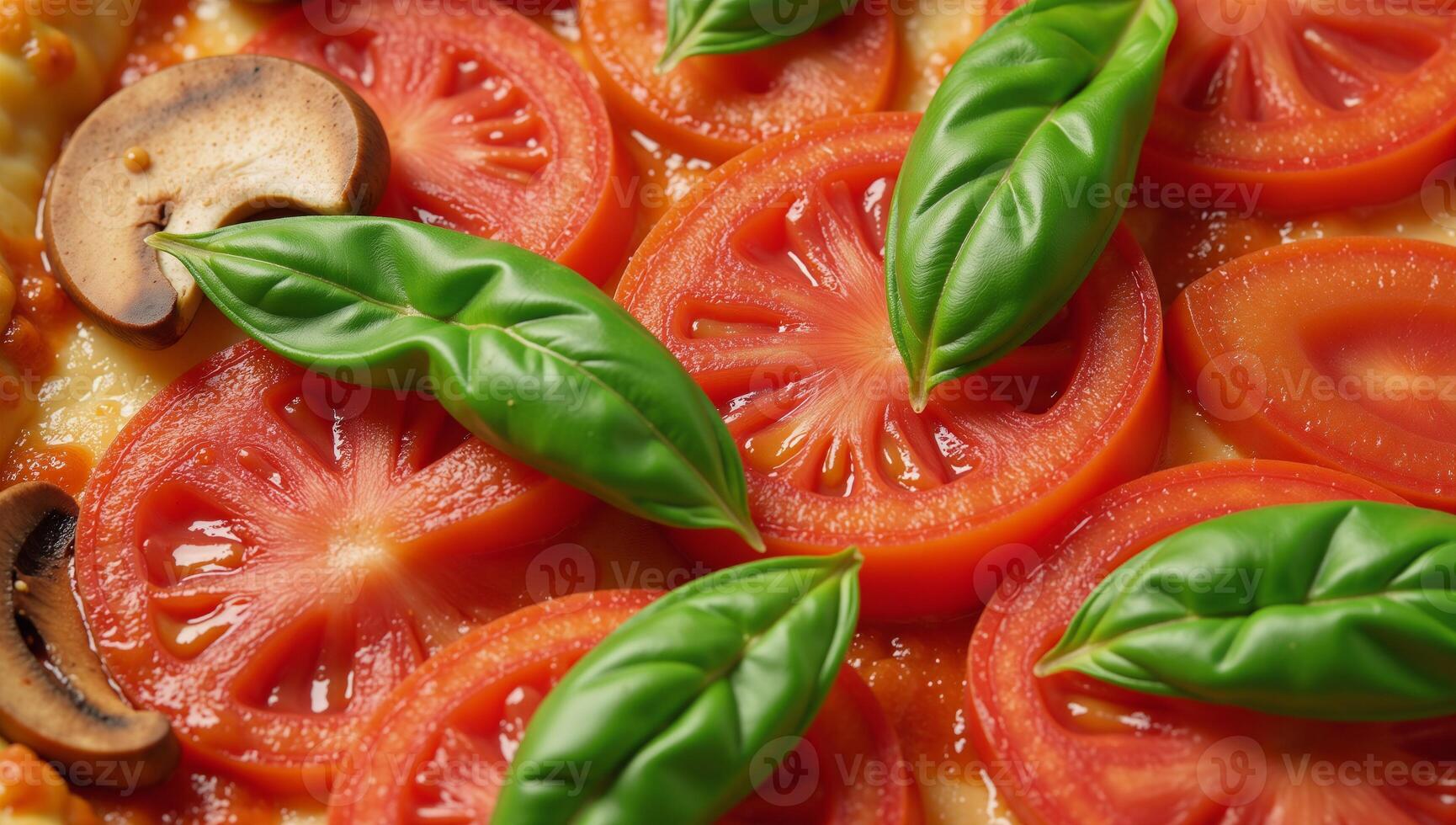 A seamless design showcasing overlapping pizza toppings tomato slices mushrooms basil photo