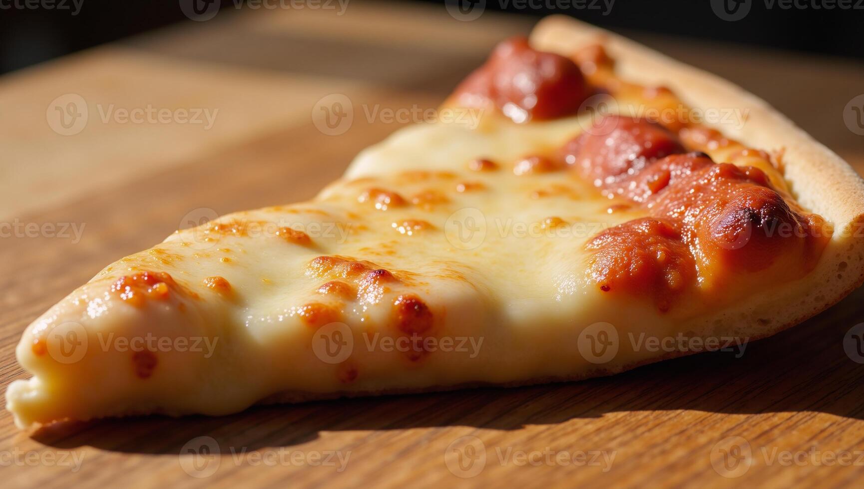 Pizza slice with molten cheese under sunlit glaze focusing on detailed textures like bubbles and crisp edges Cheesy Mozzarella photo