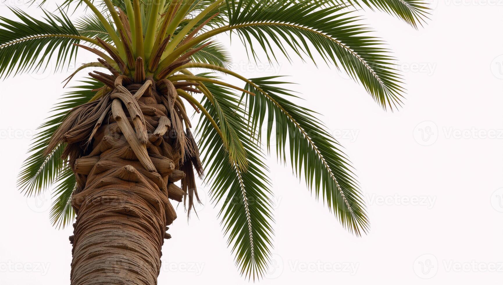Lone palm tree set against a pristine white background minimalistic monochromatic photo