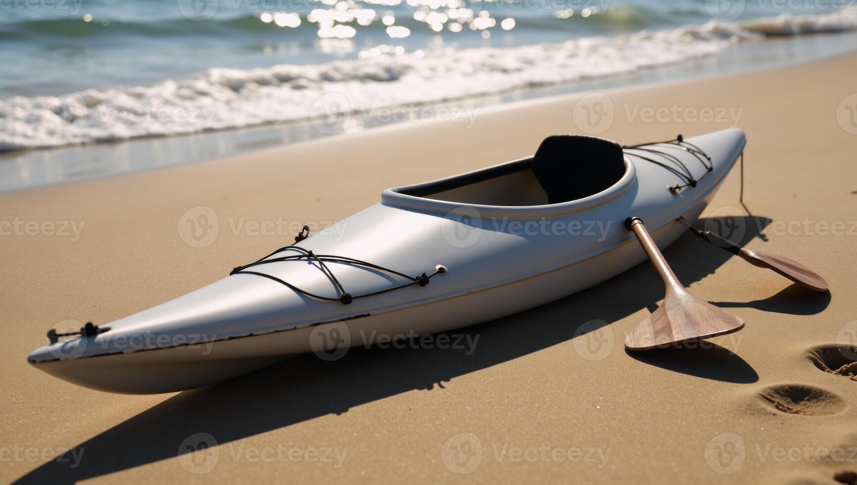 A detailed 3D model of a kayak and paddles on the shoreline photo