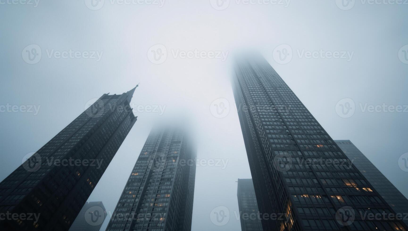 Foggy metropolis skyline showcases towering buildings disappearing into the mist evoking an ethereal ambiance photo