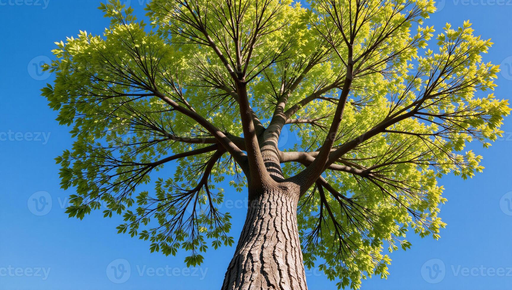 Vibrant depiction of a towering tree with expansive root system and soaring branches photo