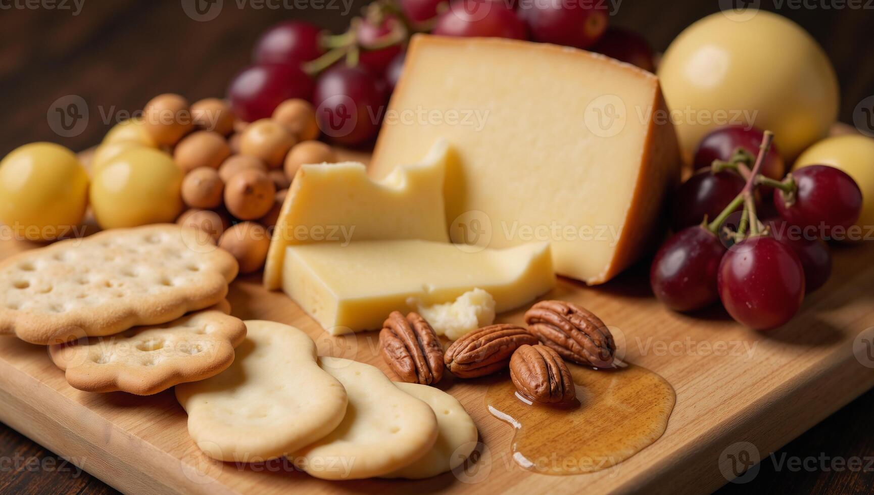 Cheese Board Delicious assortment of crackers grapes nuts honey photo