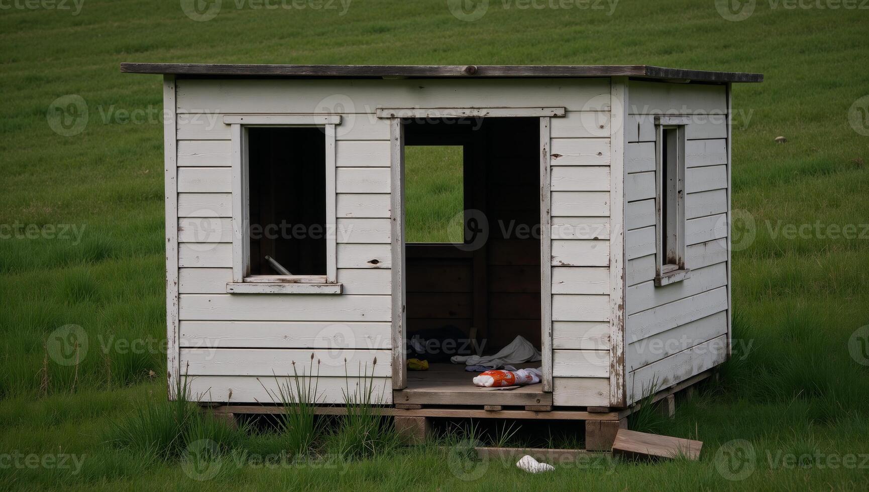 Dilapidated shack scene with wooden pallets and overgrown green grass representing a poor cabin photo