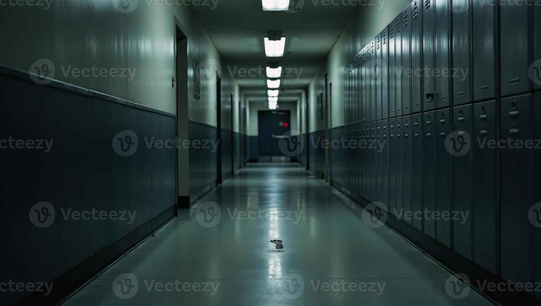 An empty high school hallway bathed in somber light from above photo