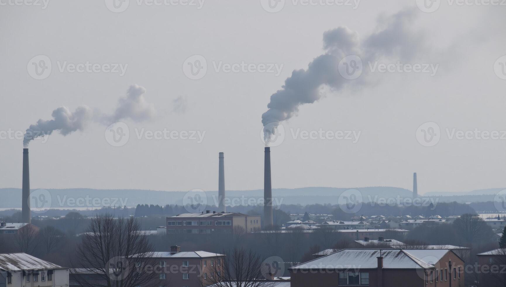 Image shows winter air pollution due to residential burning of woodcoal highlighting CO2 emissions associated urban smog hazards for public health photo