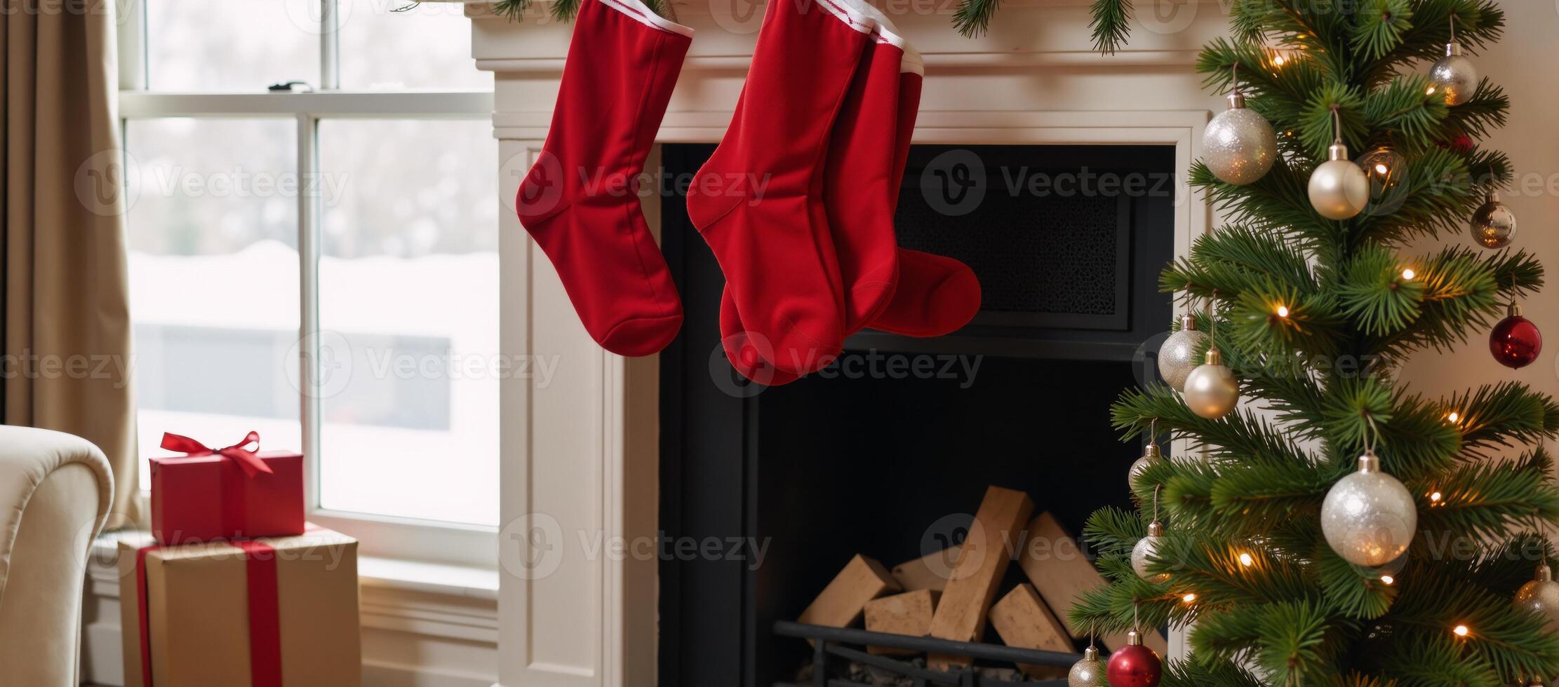 Red stockings hung above fireplace decorated Christmas tree and presents beneath snowy window view photo