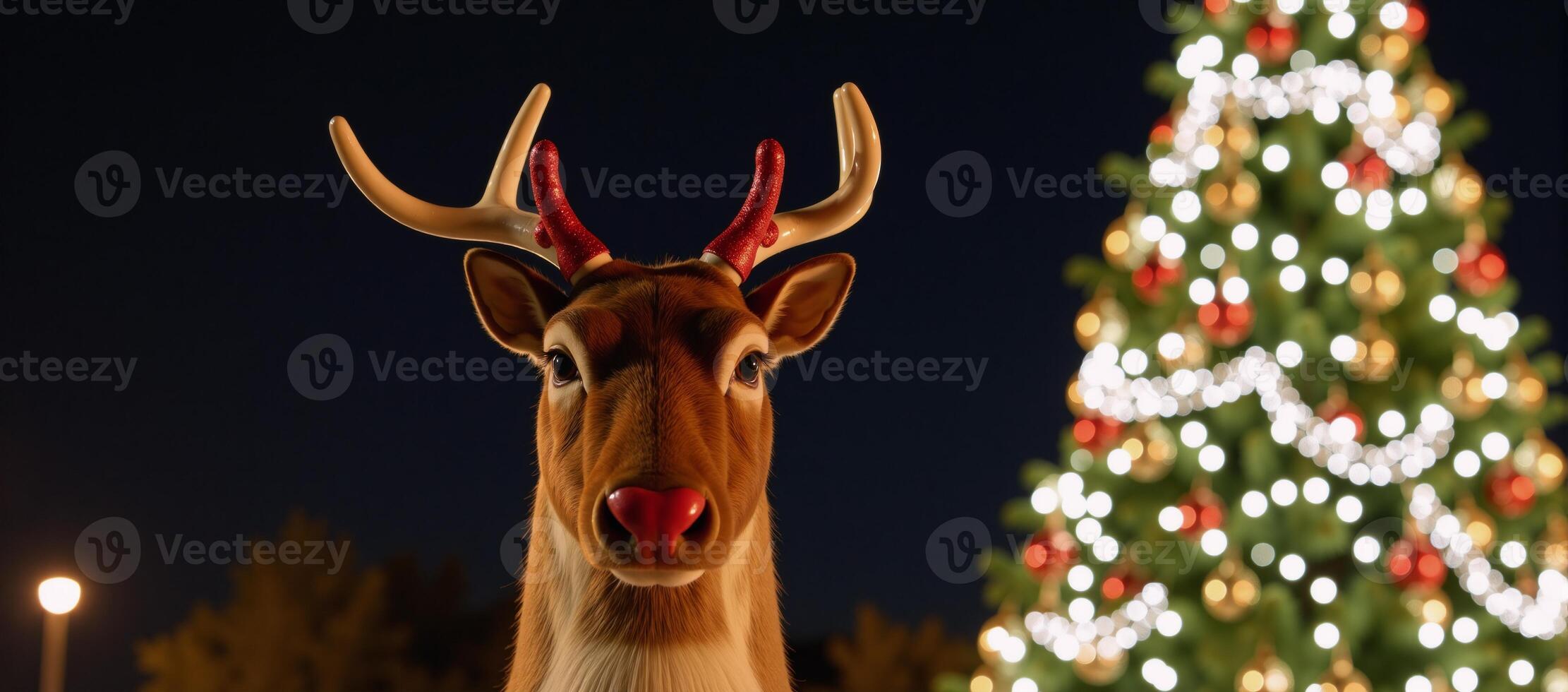 A festively adorned reindeer stands before a beautifully illuminated Christmas tree photo