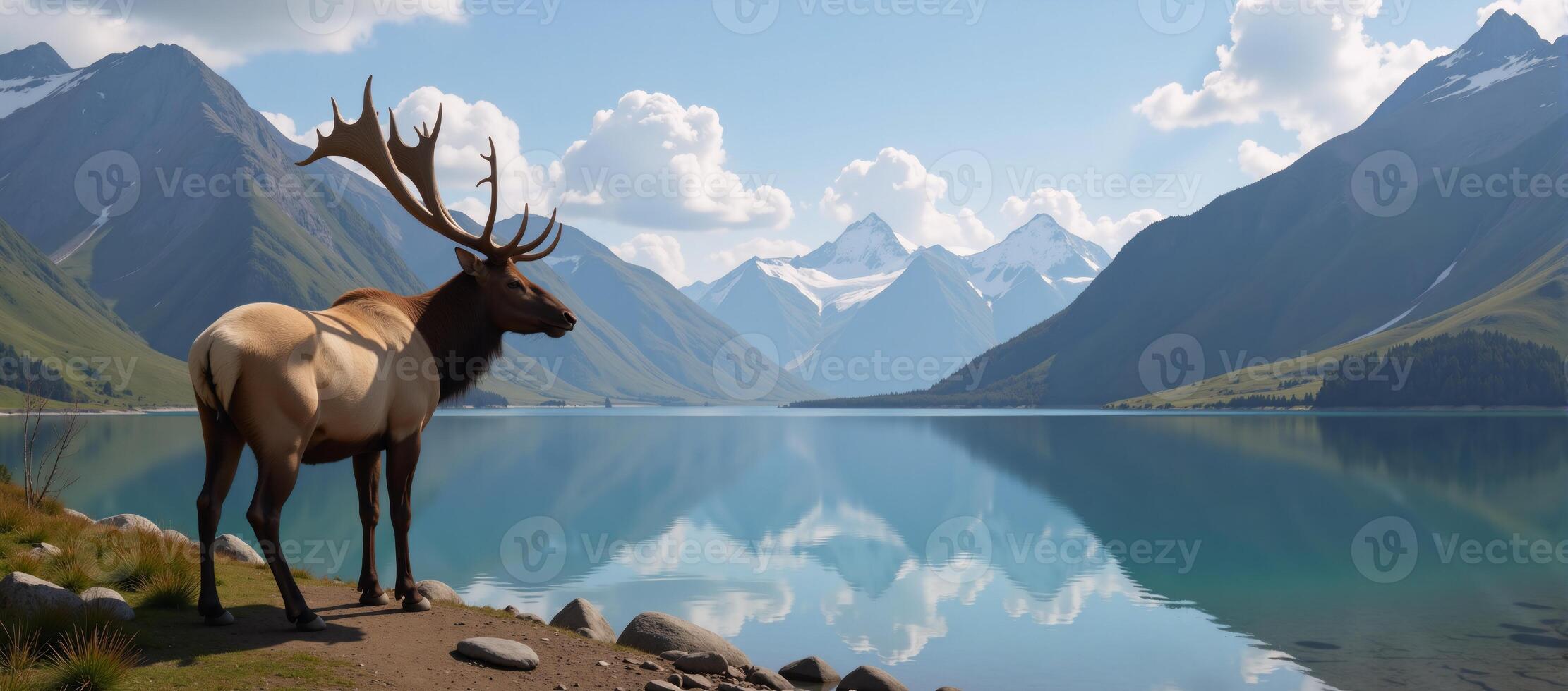 Elkstag with prominent antlers stands by a mountainous lakeside in digital oil painting photo
