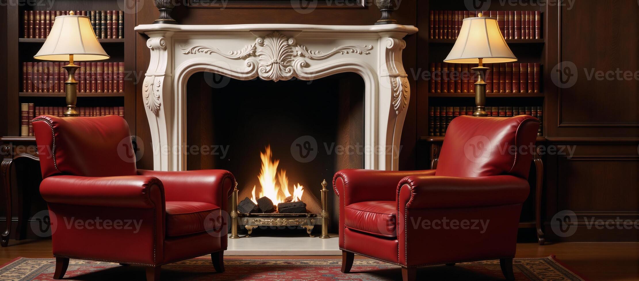Two red leather armchairs facing a fireplace in a booklined library photo