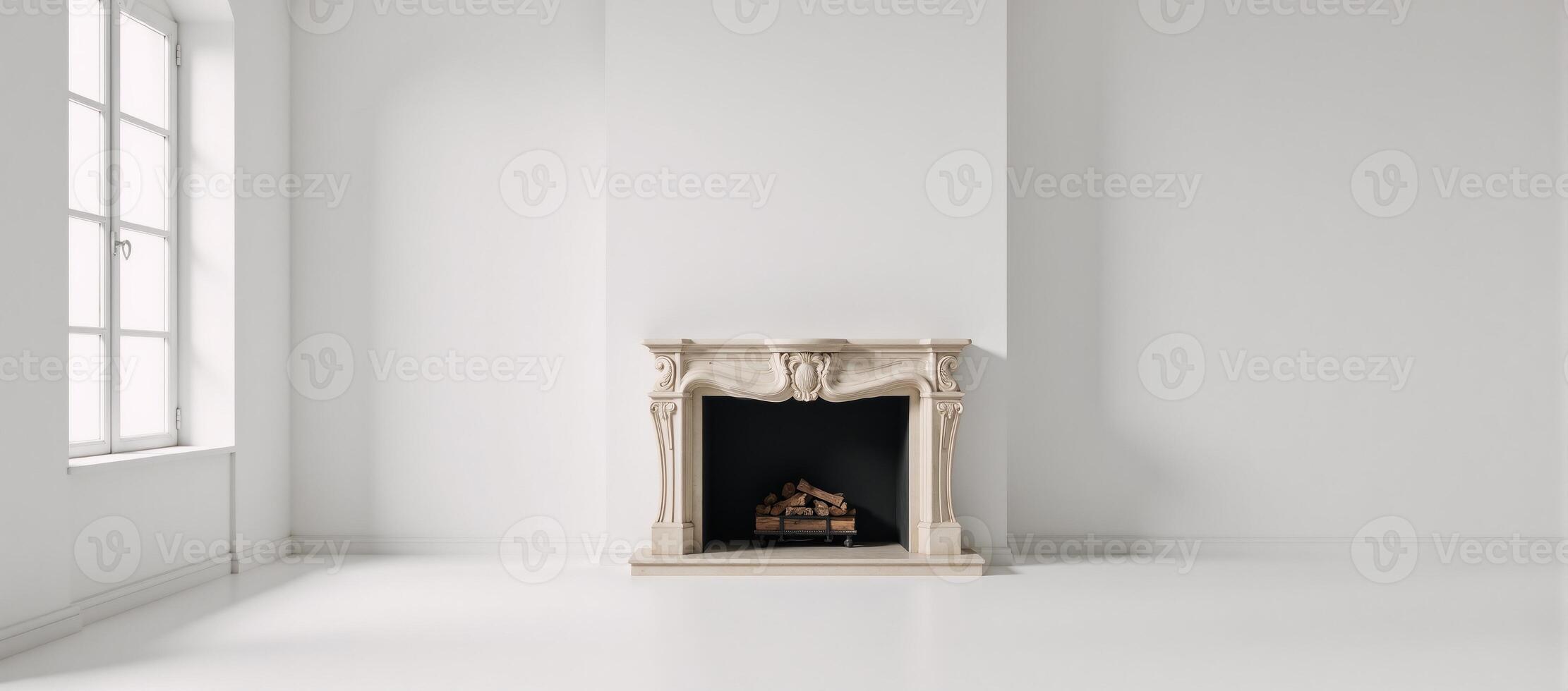 A 3D render of an empty classicallystyled white room featuring a fireplace photo