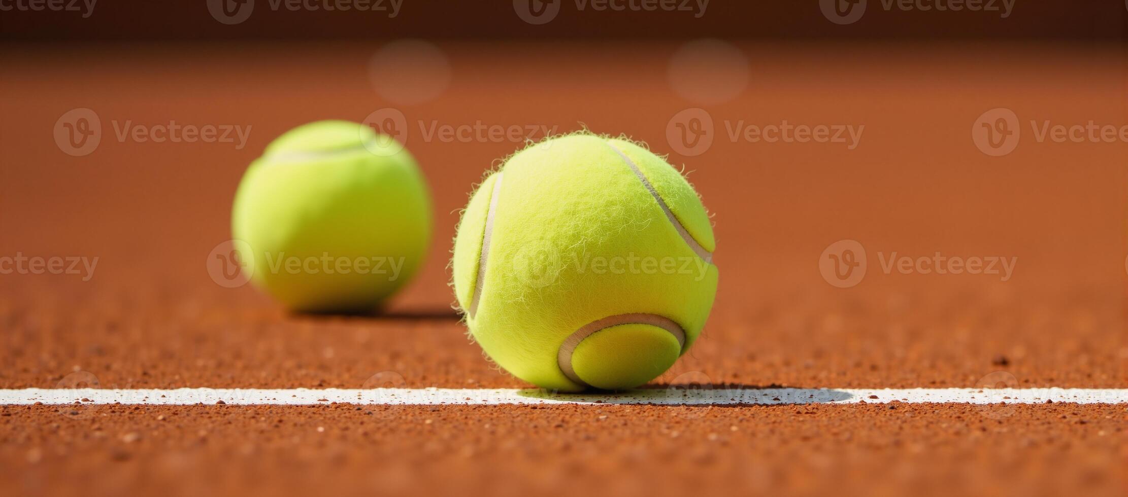 Macro image of a yellow tennis ball on a red court line photo