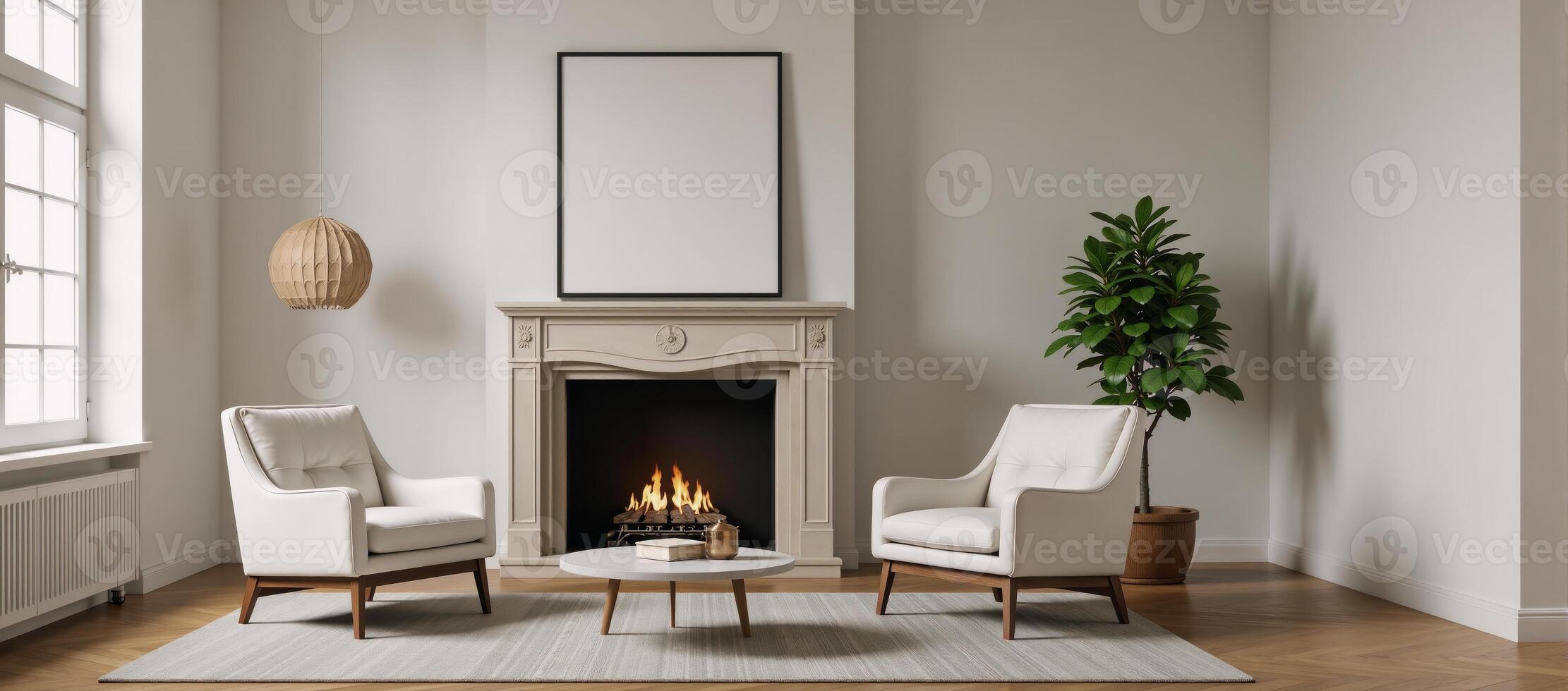 A stylish luminous 3Drendered living room scene showcases a cozy setting featuring a fireplace two armchairs and an image on the wall photo