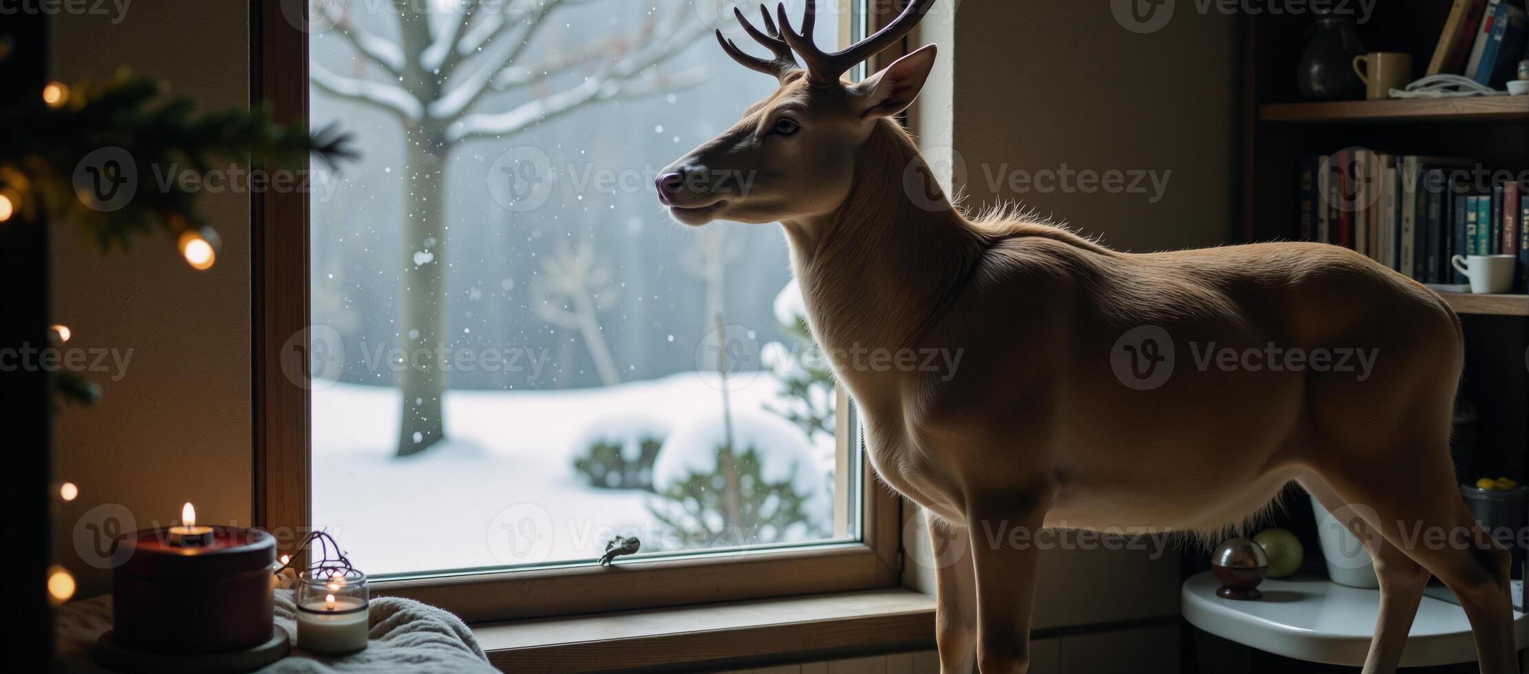 Illustrated scene features surreal elaphocentaur womandeer hybrid during Christmas in a wintry landscape framed by an open window photo