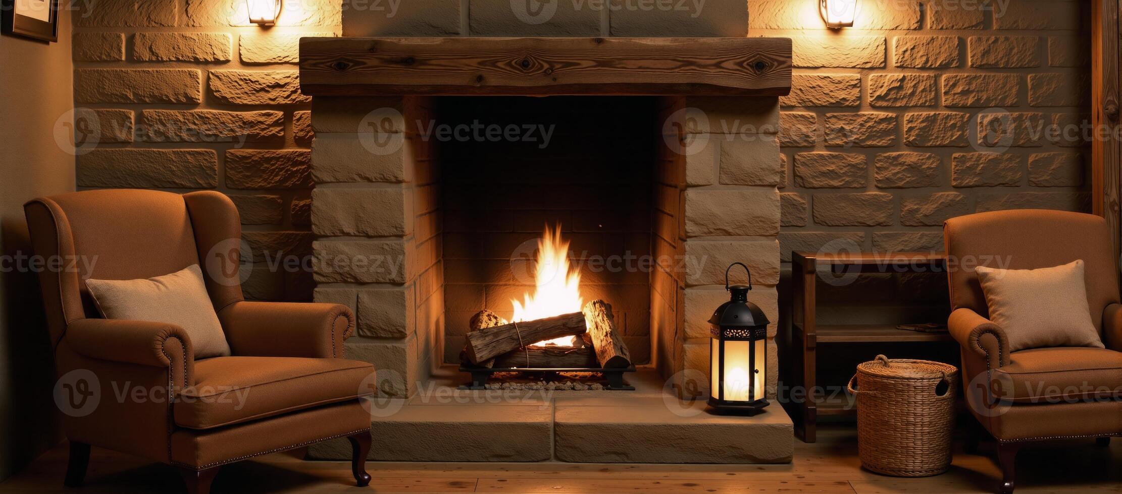 Cozy fireplace scene in an old stone interior complete with a wooden chair lanterns and woodpile photo