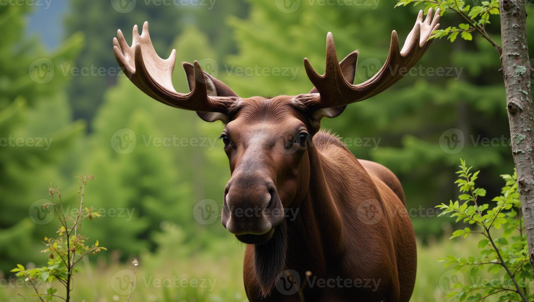 Digital illustration depicting an individual sitting on a log accompanied by a lifelike moose photo