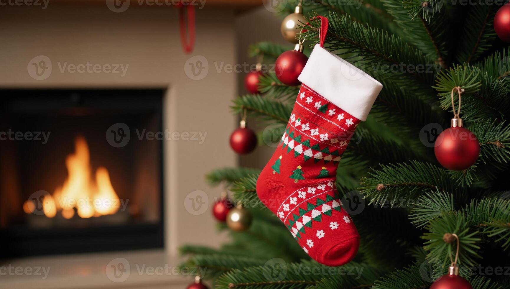 Christmas socks hanging from a Christmas tree near a crackling fireplace photo
