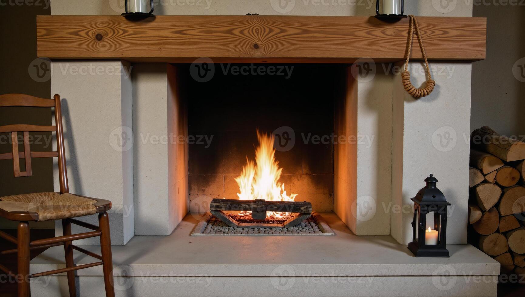 Cozy fireplace scene set against an oldstone interior featuring a wooden chair lanterns and a stack of wood photo