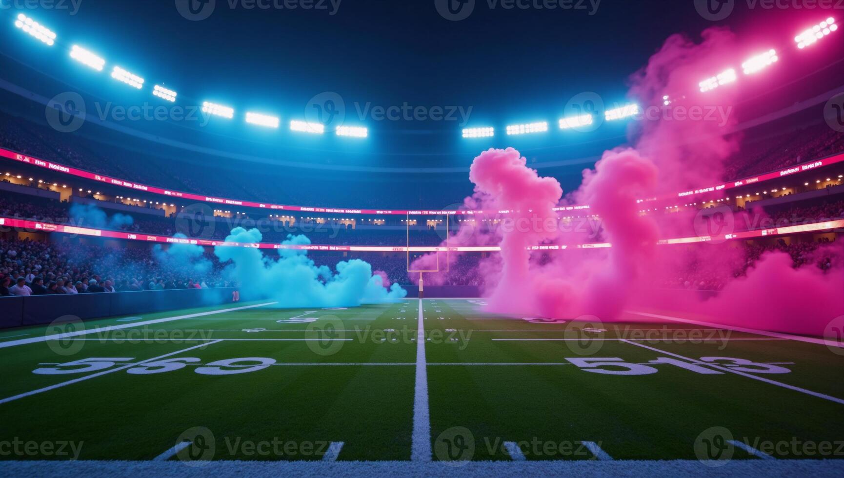 Computergenerated American football stadium field with smoke and neon background ideal for various graphic designs like flyers brochures ads booklets or leaflets photo