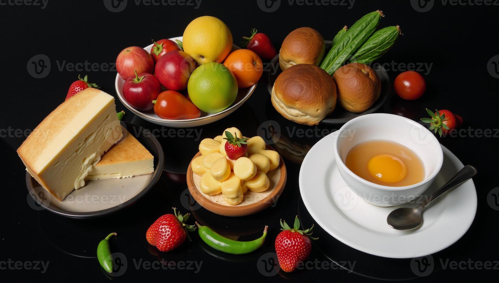 A blacktopped table displays assorted food and a steaming cup of tea beside cheeses and additional dishes photo