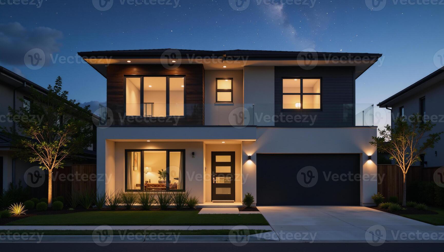 A clearnight scene showcases a contemporary grayandwood twostory home with large windows and a parked car illuminated by starlight against a backdrop of countless twinkling stars photo