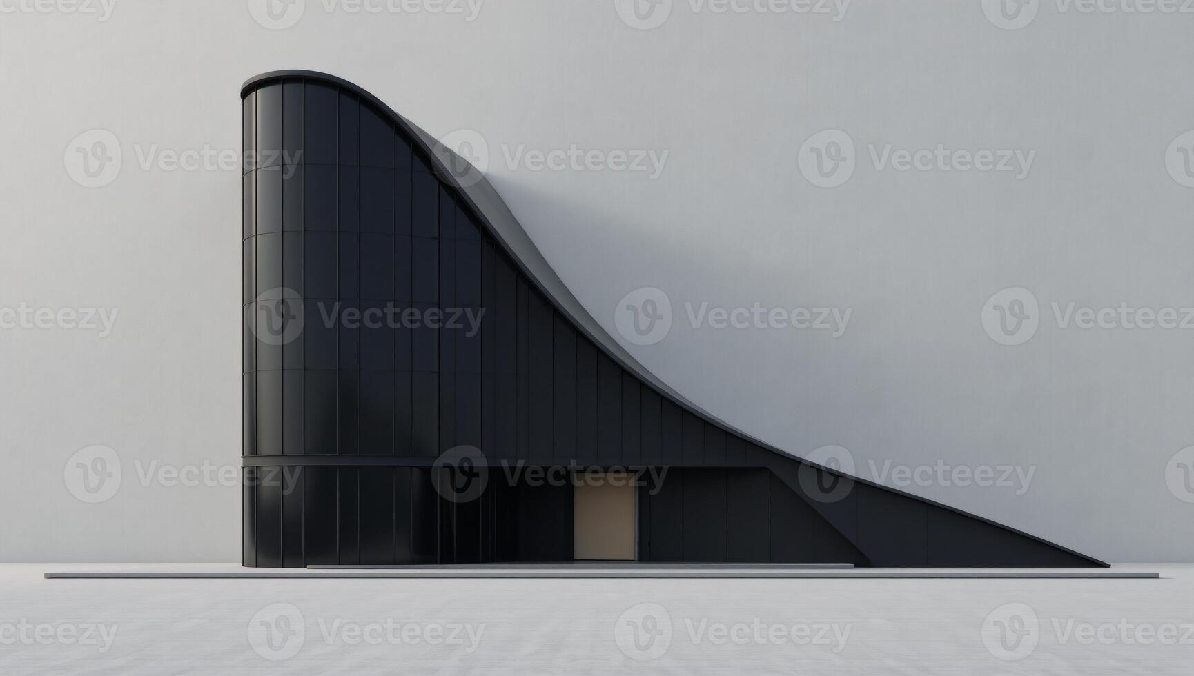 Modern dark curved skyscraper set against a minimalist square ground background 3D Rendering photo