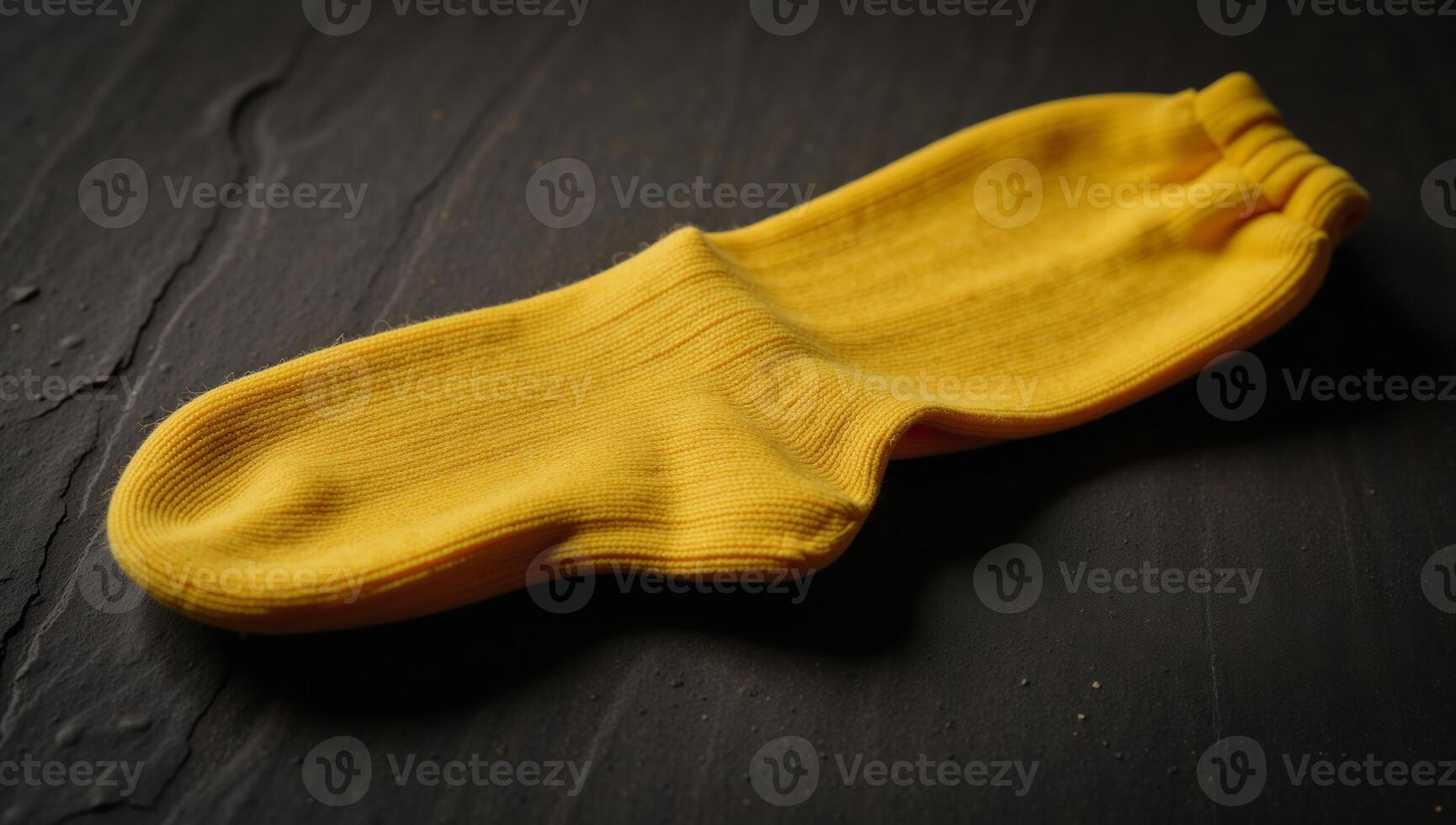 A solitary vibrant yellow sock rests upon a weathered rugged dark background photo