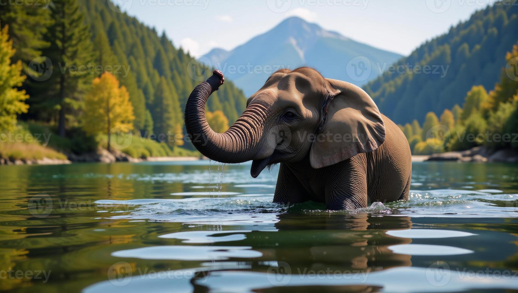 Animated elephant serenely bathing within a vibrant forest landscape alongside a river photo