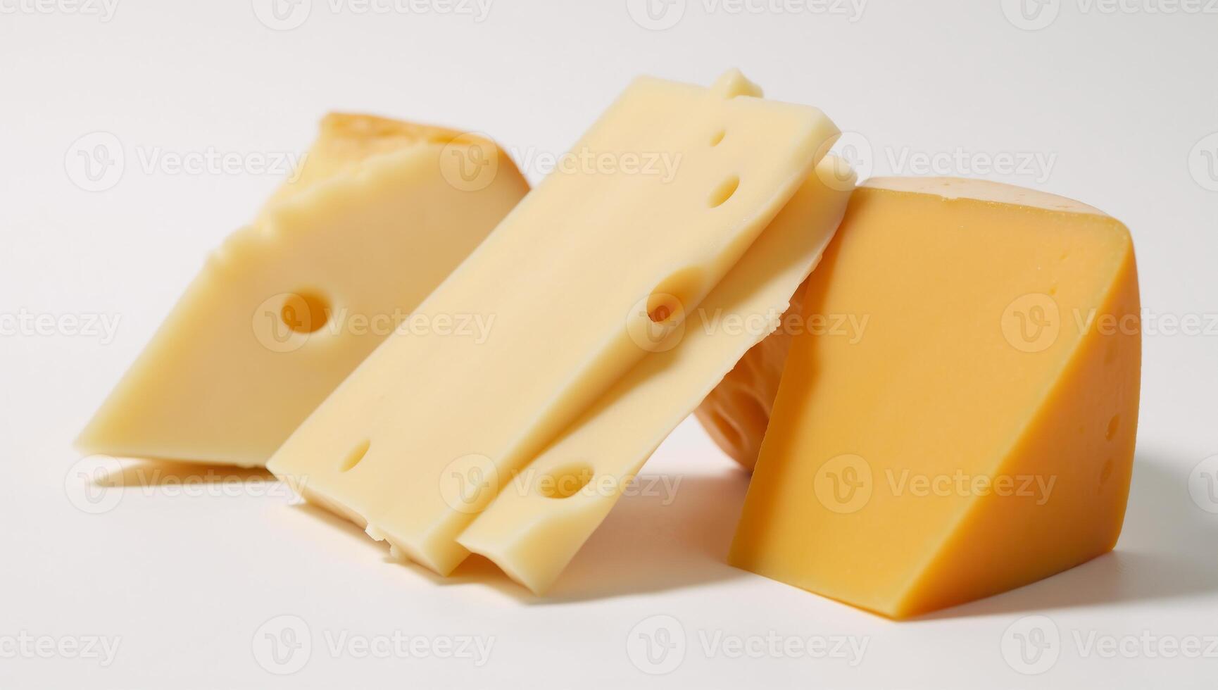 Closeup of multiple Swiss cheeses displayed on a white backdrop photo