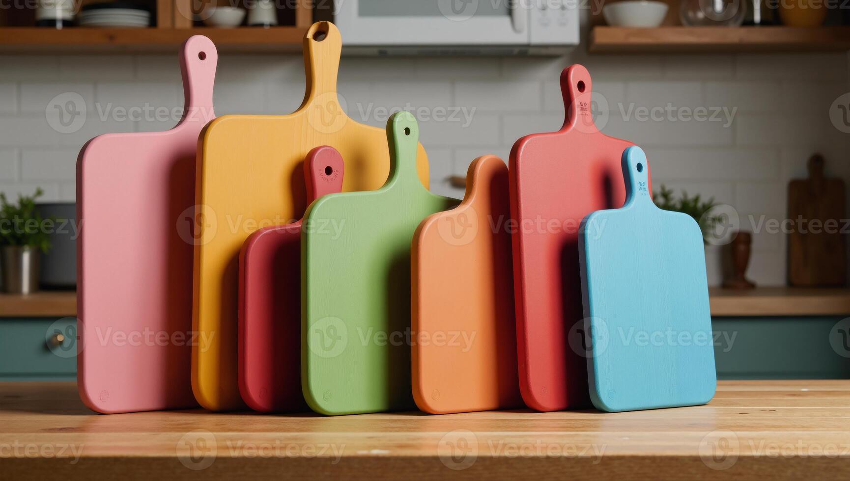 Colorful wooden chopping boards display forced perspective effect in a kitchen with various sizes shapes on a table showcasing wood grains photo