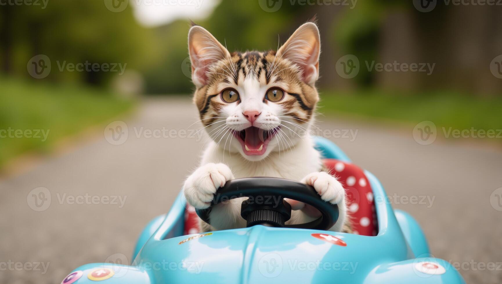 A whimsical image features an adorable cat behind the wheel of a miniature car photo