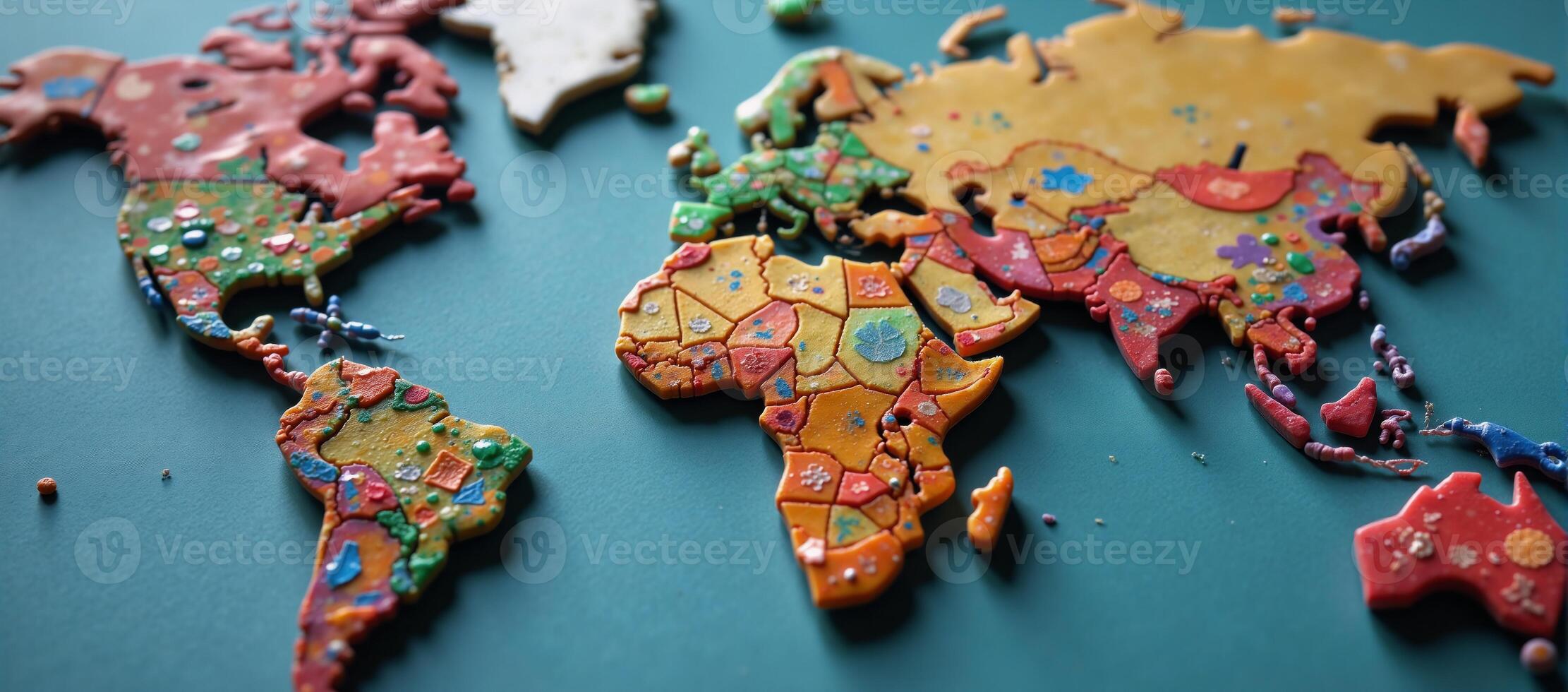 Microplastics polluting the globe portrayed as colored debris shaping world map photo