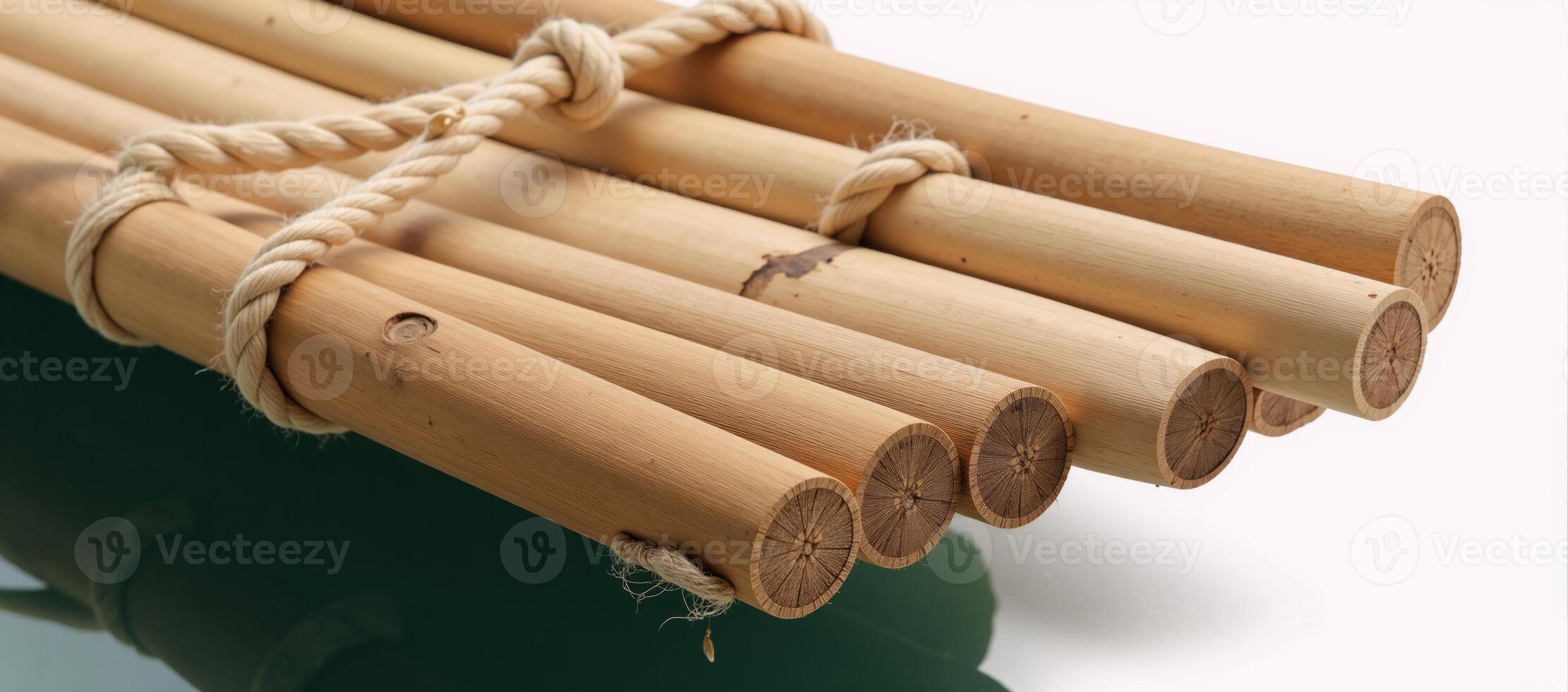 Isolated handcrafted bamboo raft with rope detail photo