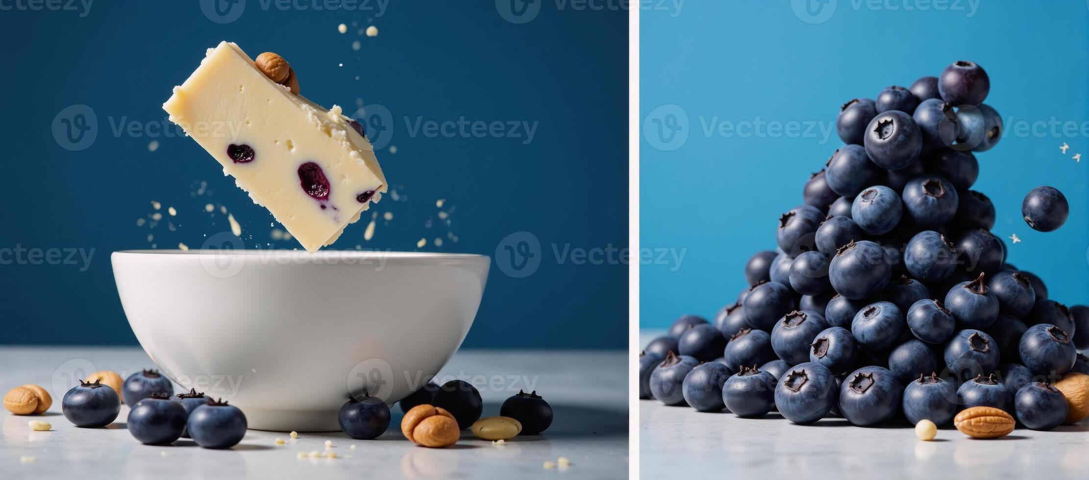 A blueberry cheesecake slice falls onto a bowl filled with blueberries and nuts against a backdrop of both blueberries and cascading cheese and nut fragments photo
