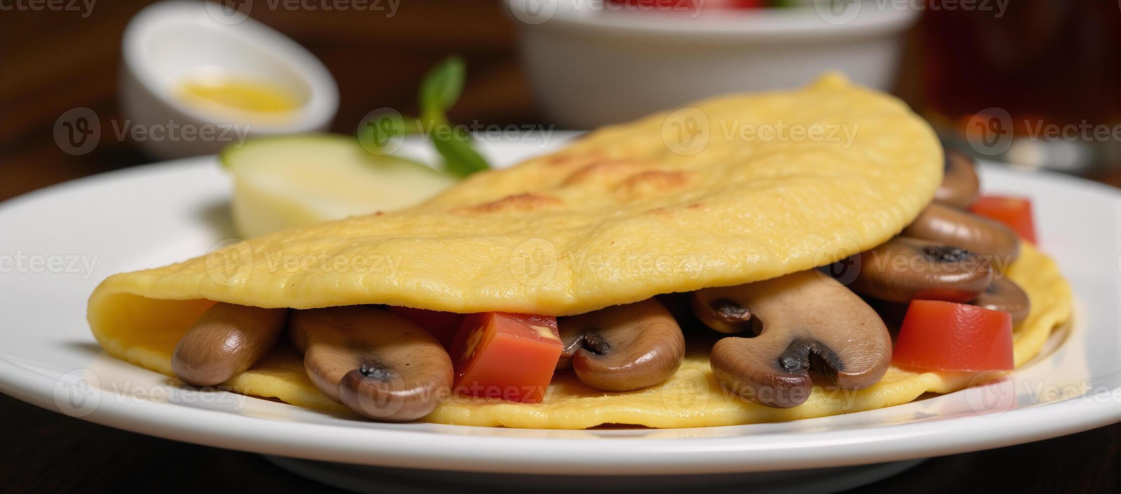 A mushroomtomato filled omelette with a fluffy texture photo