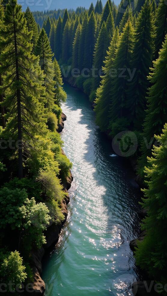 Lush green forest river dividing its center photo