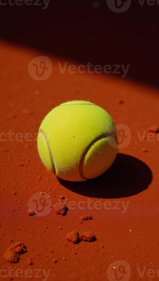 Tennis ball on clay court with deep shadow top view ideal for Roland Garros tournament banner photo