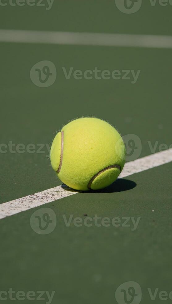 Tennis ball on a court in focus The original prompt was about capturing detailed photos or images of various aspects of a tennis match such as closeups of players facial expressions and dynamic shots