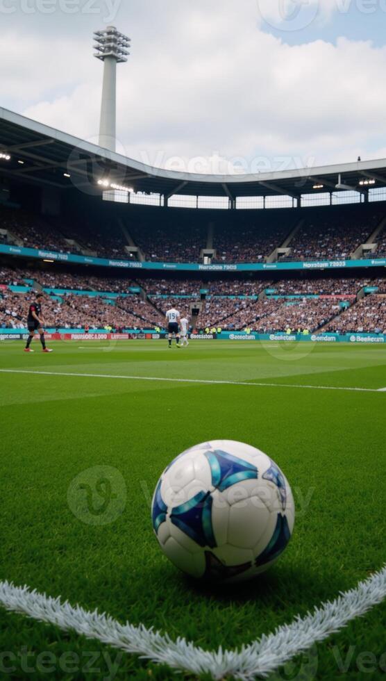 Player readied for soccer match standing in midfield with ball on lush grass atop a stadium photo