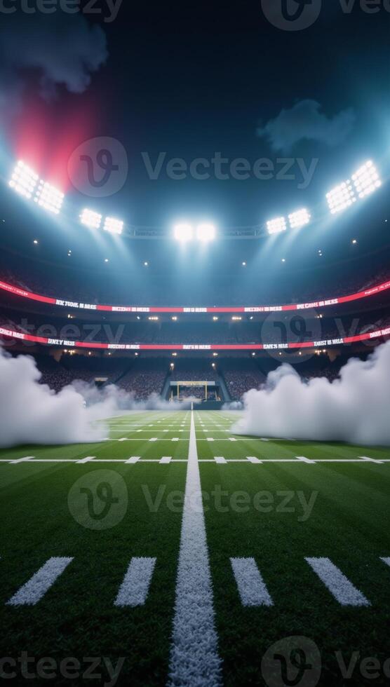 Computergenerated American Football Stadium field with smoky neon backdrop ideal for designs in flyers ads booklets and leaflets photo