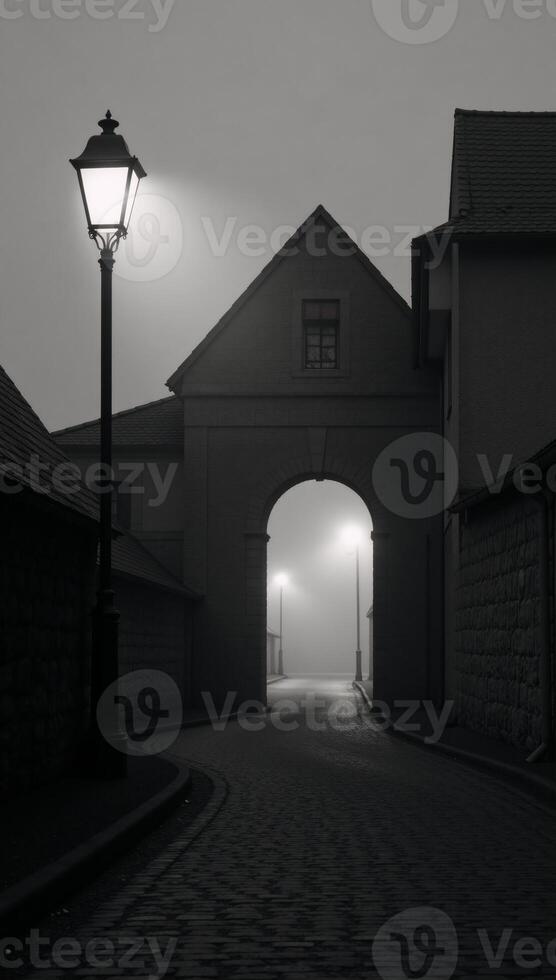 A digitallyrendered image showcasing a dark frightening village street veiled by morning mist photo