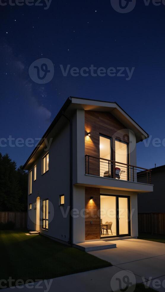 Modern twostory home with gray and wooden accents large windows and a rightside parking area under clear skies filled with twinkling stars photo