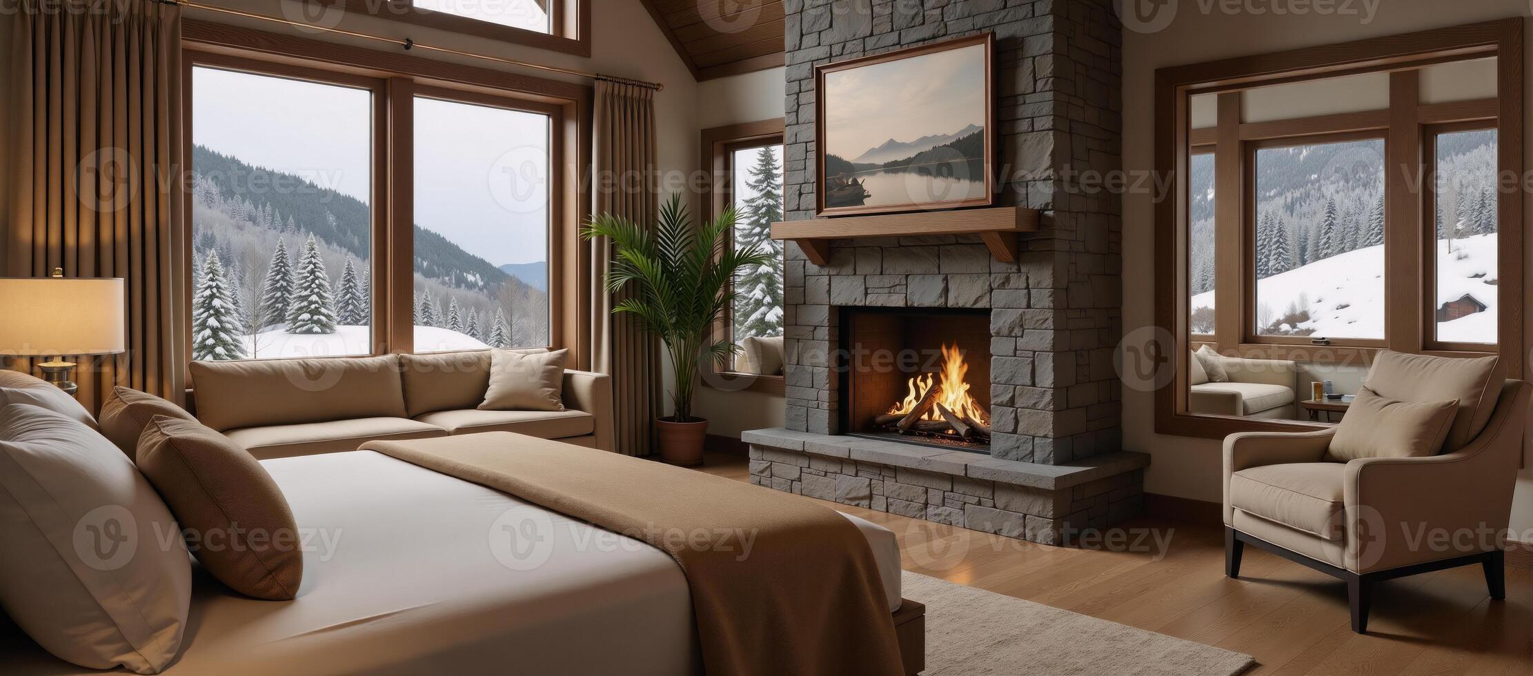 A cozy photorealistic 3D model of an open floor plan cabin bedroom with a crackling fireplace amidst a snowy winter landscape photo