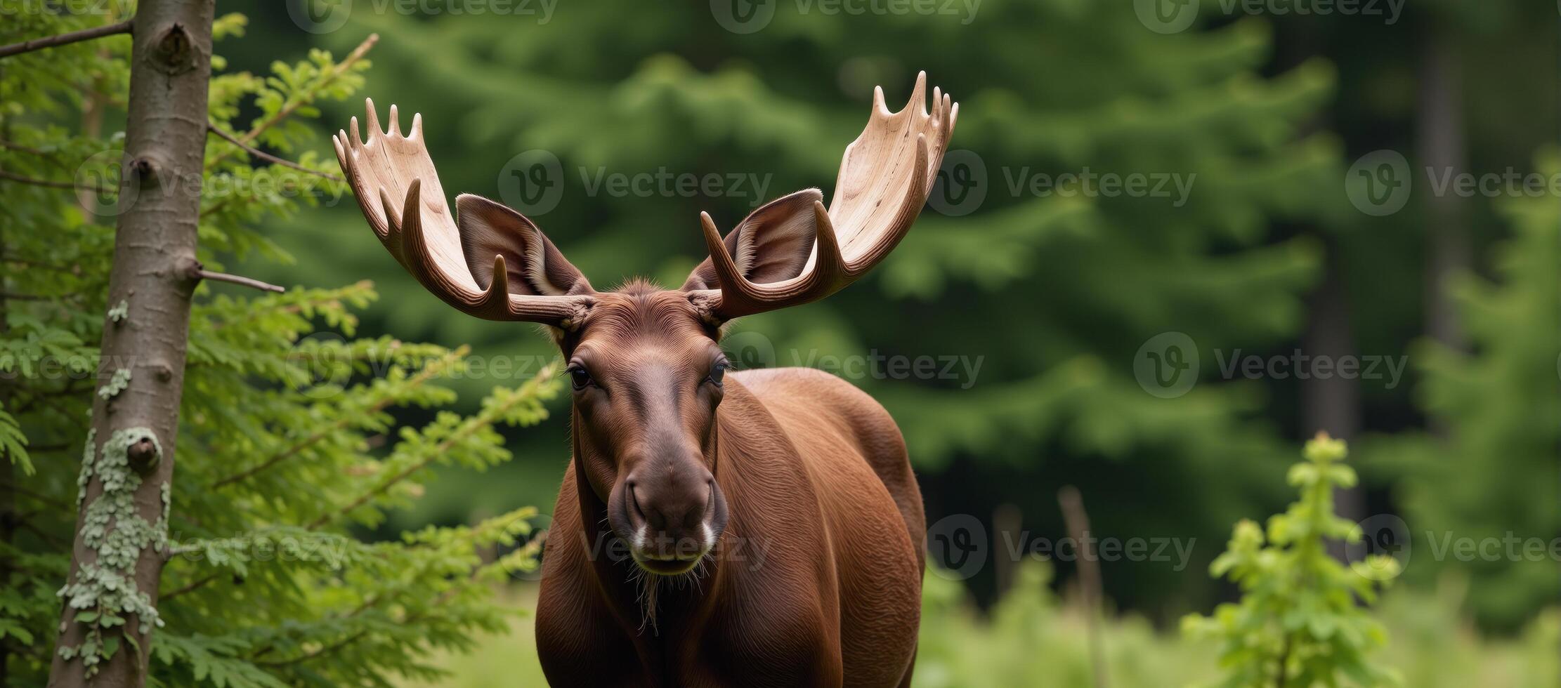 Digital illustration depicting an individual sitting on a log accompanied by a lifelike moose photo
