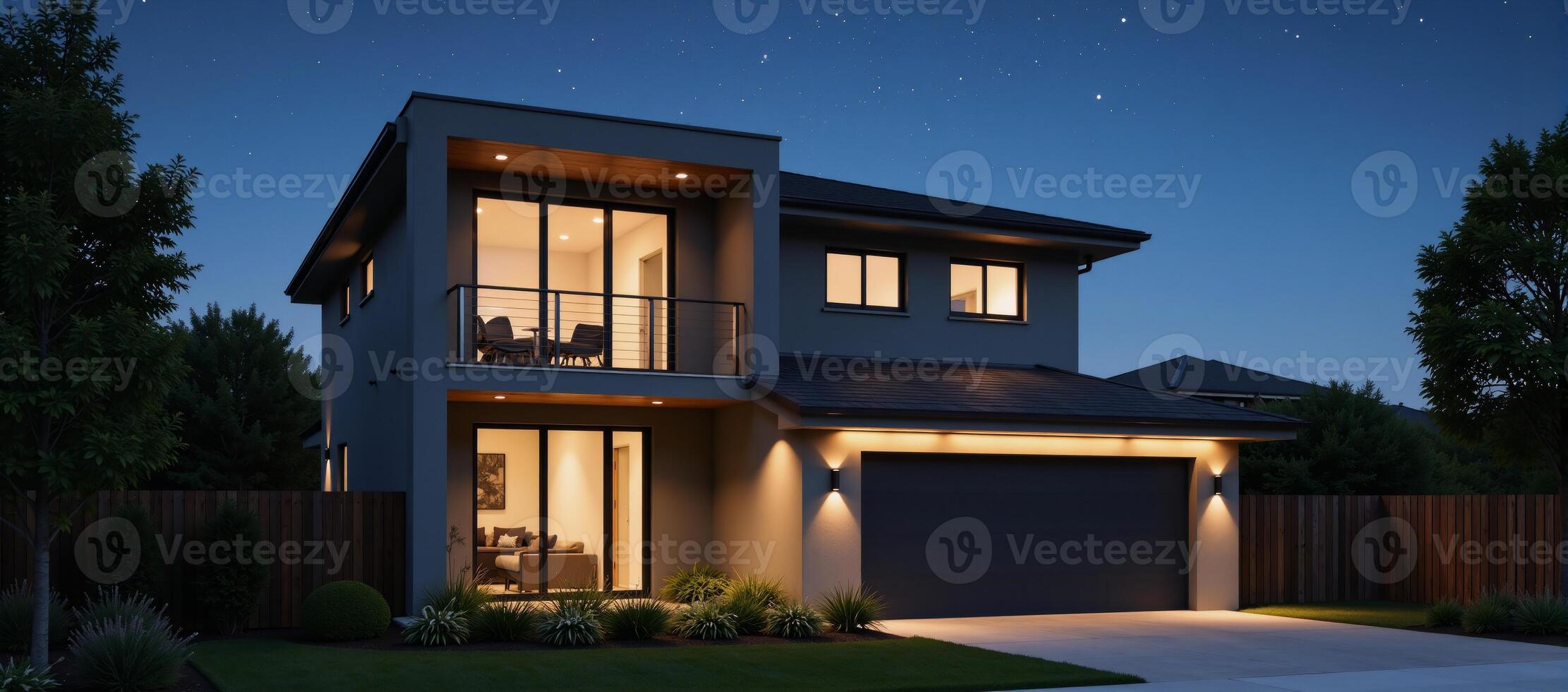 A clearnight scene showcases a contemporary grayandwood twostory home with large windows and a parked car illuminated by starlight against a backdrop of countless twinkling stars photo