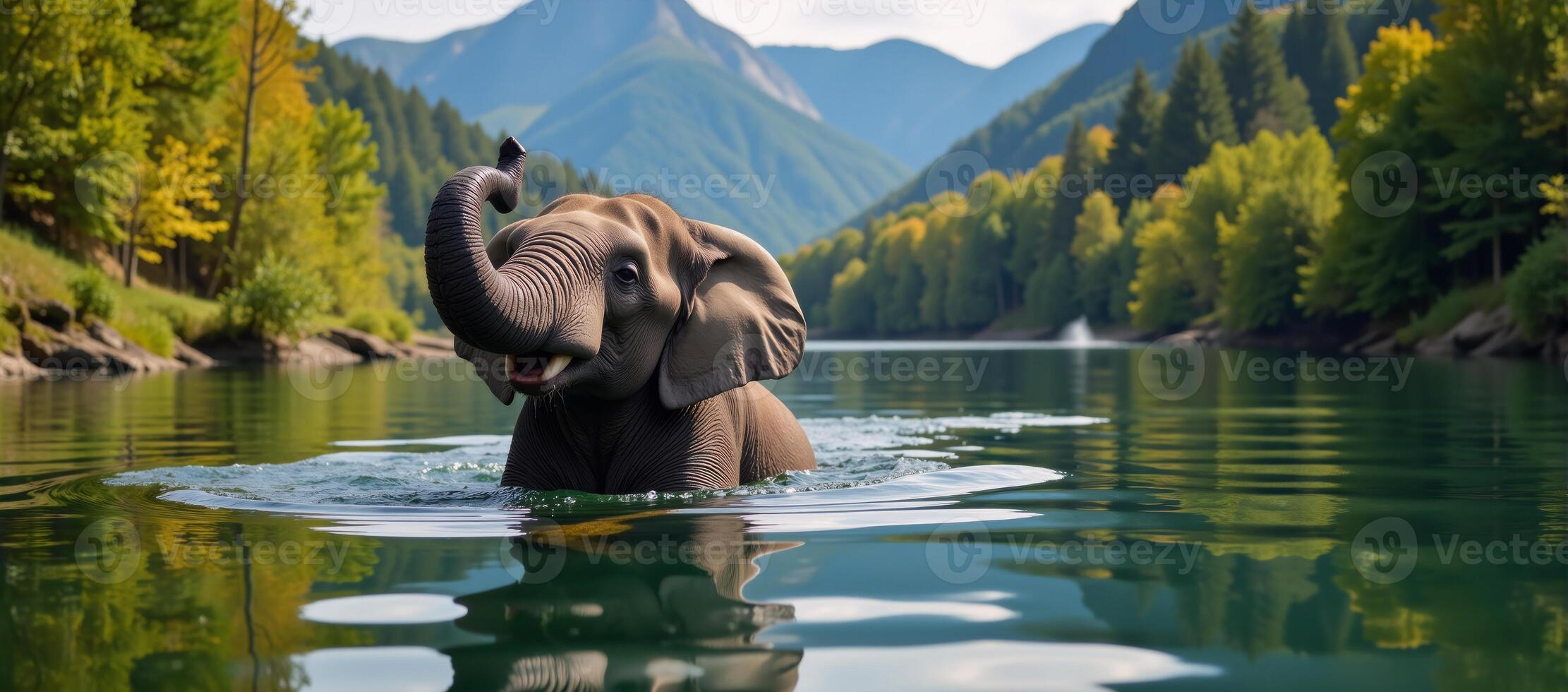 Animated elephant serenely bathing within a vibrant forest landscape alongside a river photo