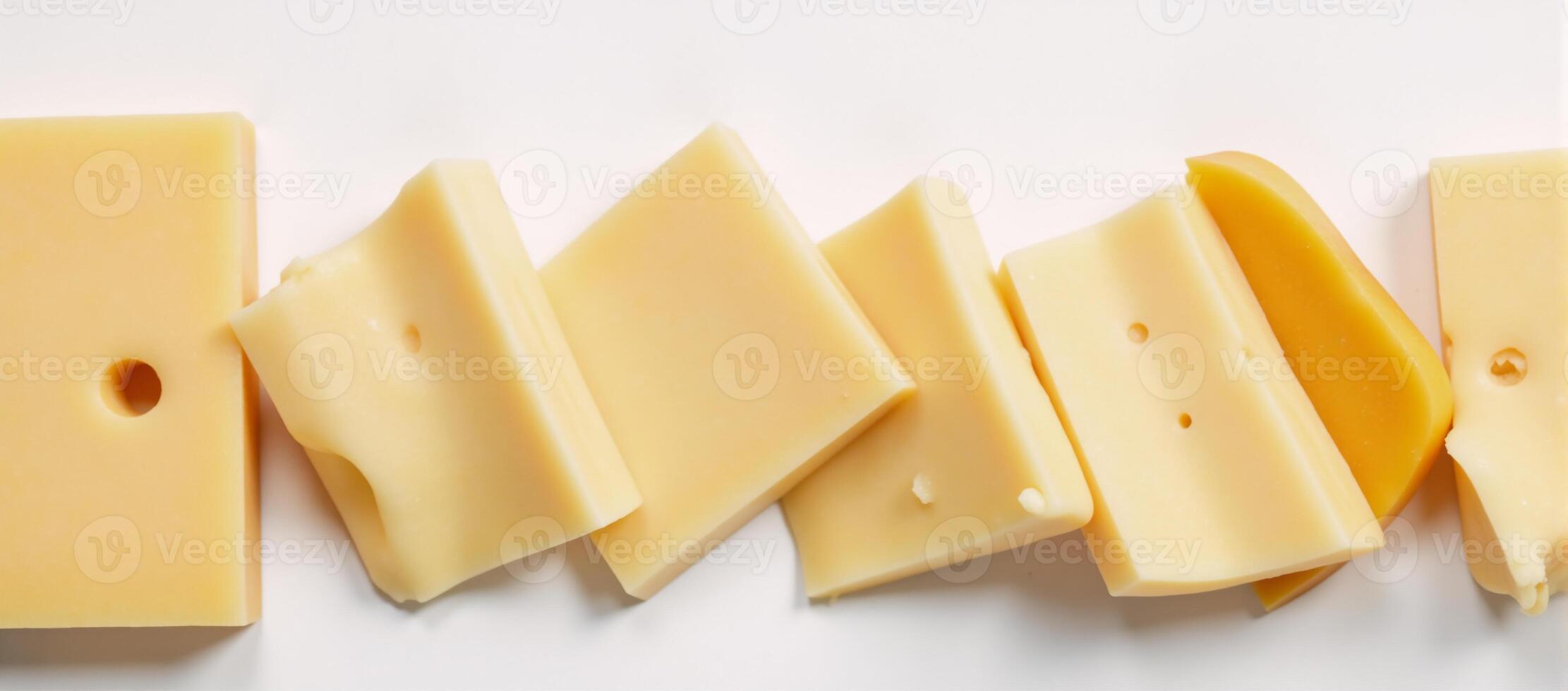 Closeup of multiple Swiss cheeses displayed on a white backdrop photo