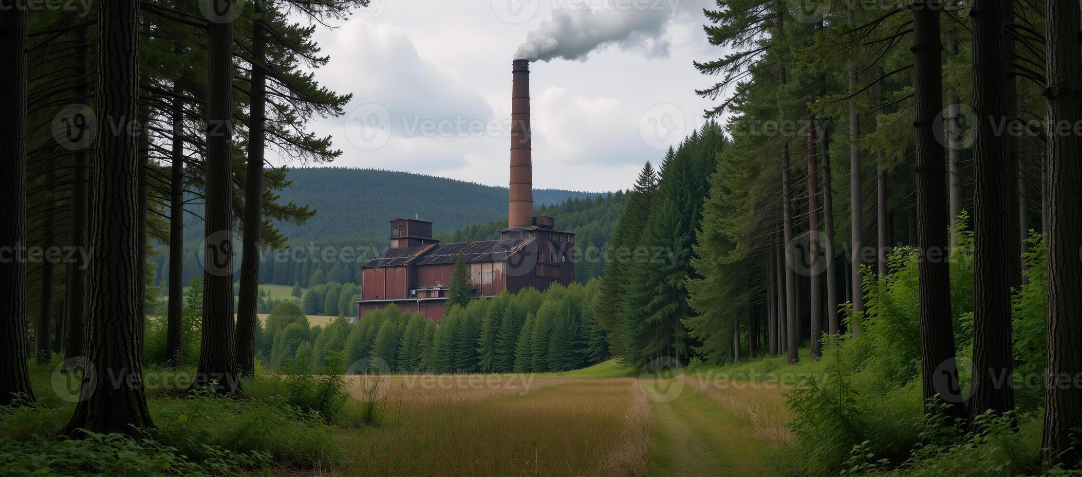 A factory emits pollution into a nearby forest photo