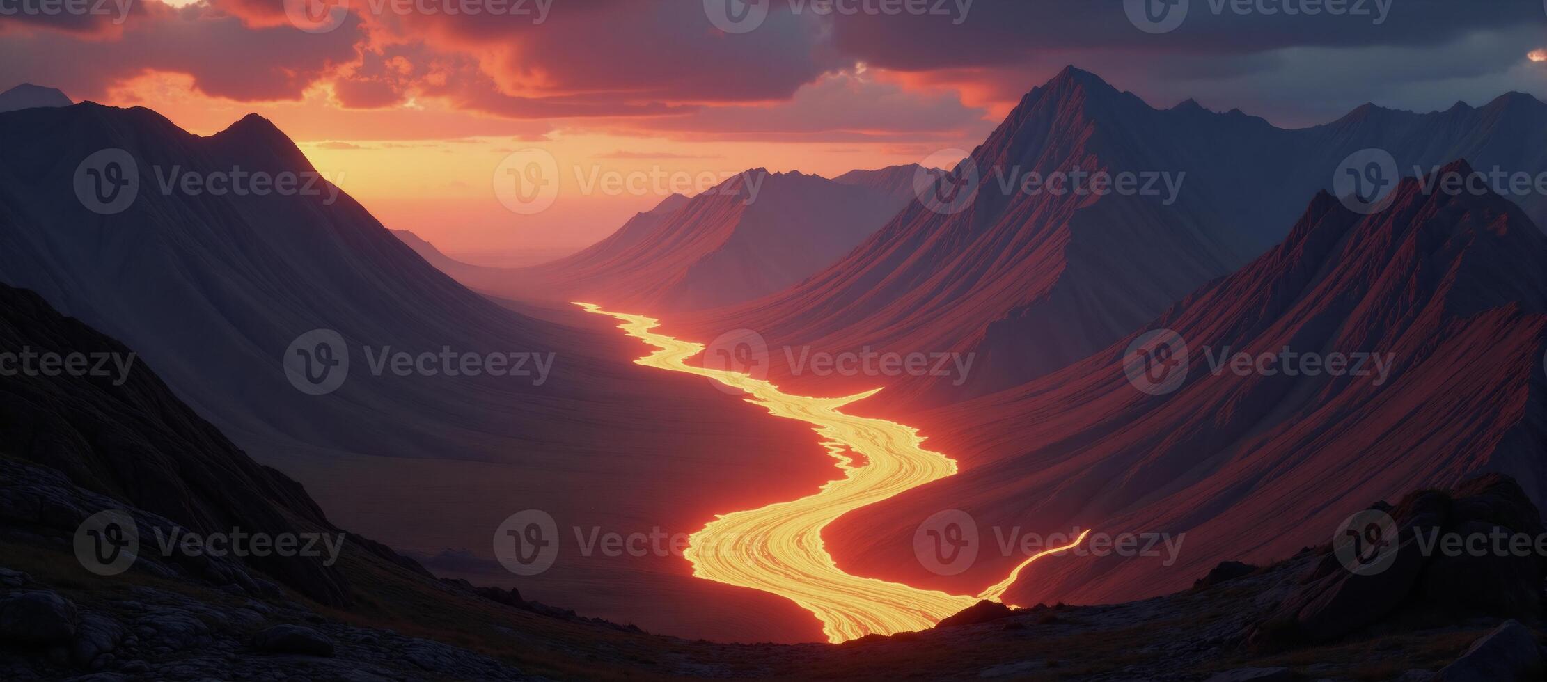 Digital abstraction featuring glowing mountain ranges and streaming light lava rivers photo