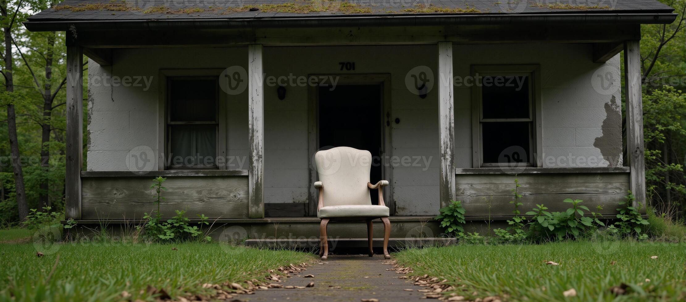 A hauntingly beautiful scene features an abandoned cottage and its weathered chair amidst decay and neglect photo